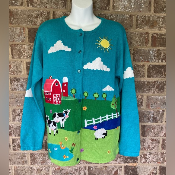 Quacker Factory Sweaters - Vintage The Quacker Factory farm barn pasture scene cardigan sweater Size M